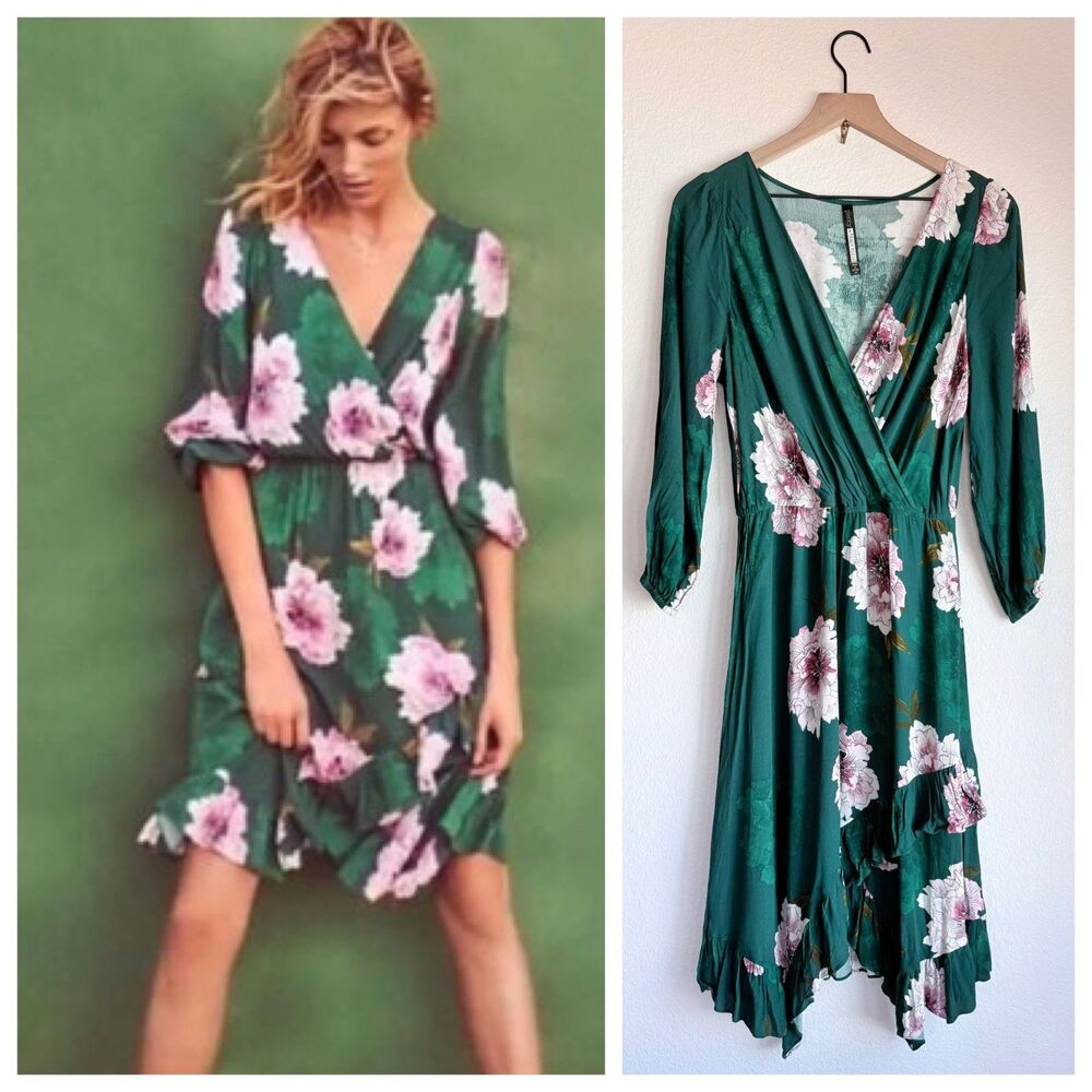 Anthropologie Plenty by Tracy Reese Aleah Green Floral Faux Wrap Dress NWOT M
